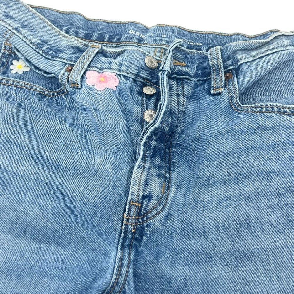 Old Navy High-Waisted Button-Fly Slouchy Straight Embroidered Cut-Off Jeans
